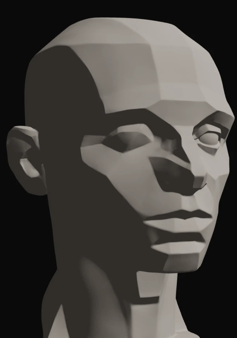 The Asaro planar head lit from the upper right. The upward-facing planes of the forehead, cheekbone and top of the nose are light, the vertical side planes of the head and jaw fall to halftone, and the planes facing downward under the brow, nose, lip and chin are dark.