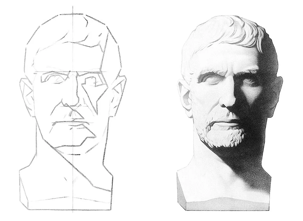 A Bargue plate of the Brutus bust shown twice: on the left a linear block-in of the outline and shadow line, on the right the fully rendered cast with one coherent shadow mass.