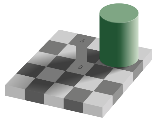 The same checker shadow illusion with a connecting bar of identical grey joining square A to square B, proving the two squares share one value.
