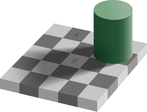 Edward Adelson's checker shadow illusion: a grey checkerboard with a green cylinder casting a shadow across it. Square A in the lit area appears dark grey and square B inside the shadow appears light grey, although both are the same value.