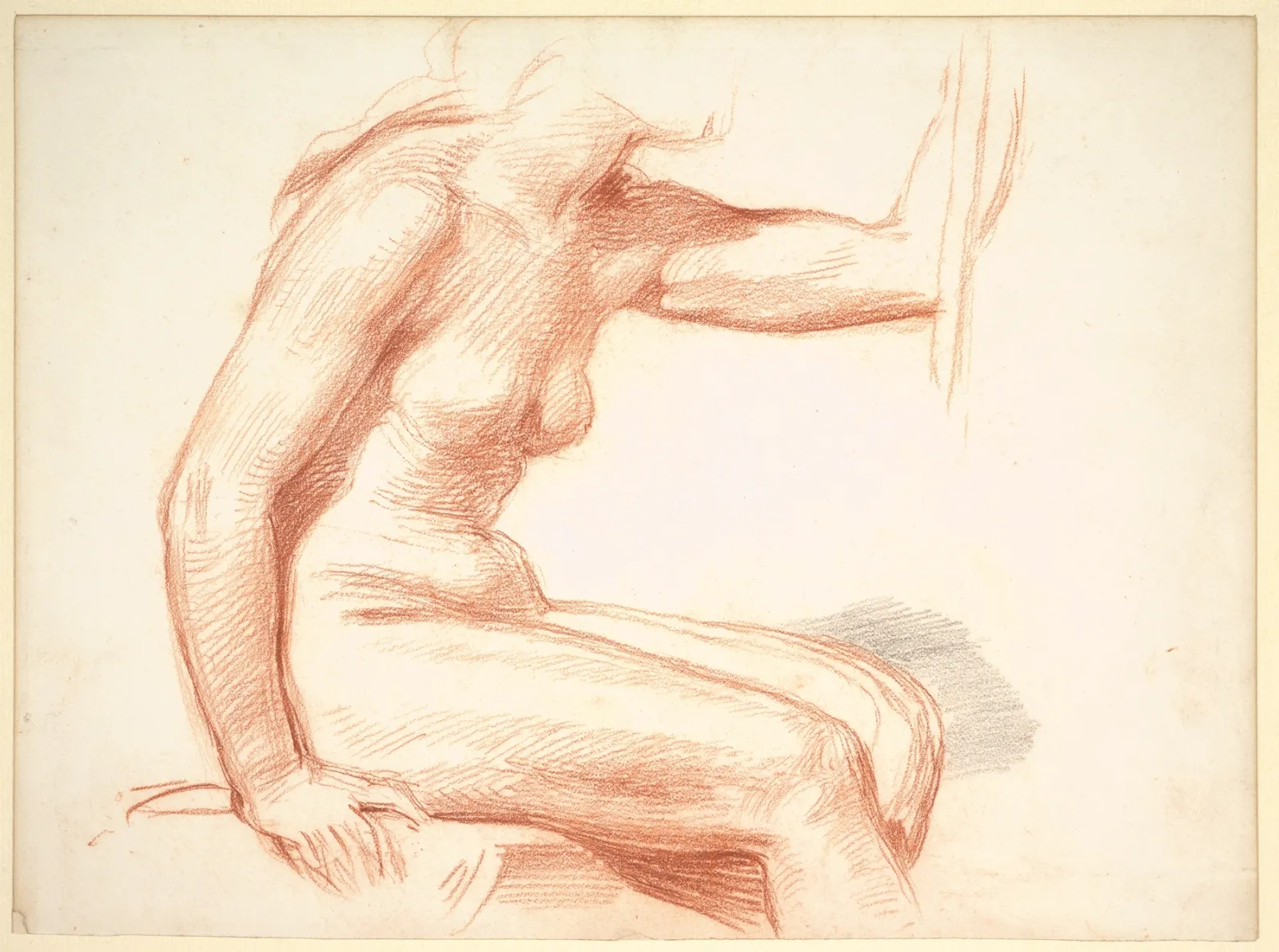 George Richmond red chalk study of a seated female nude, the contour pressed dark along the back and weight-bearing side and left faint or lost elsewhere.