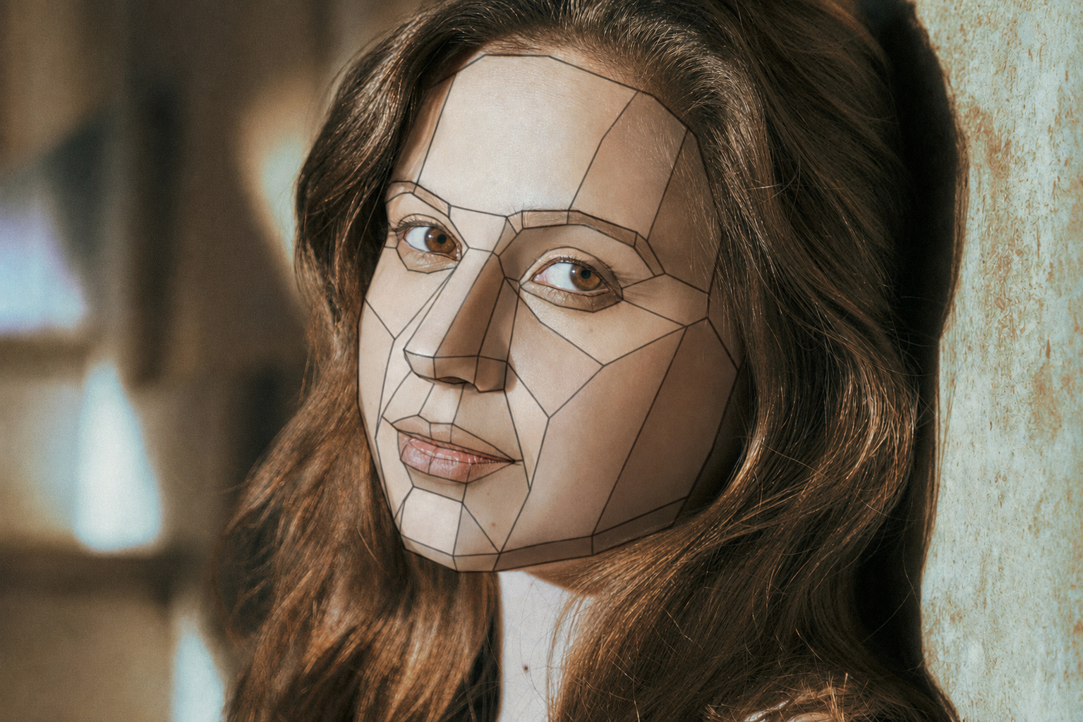 A three-quarter portrait with the planar-head wireframe drawn over a real face, showing how the flat planes map onto the forehead, eye sockets, nose, cheeks and jaw.