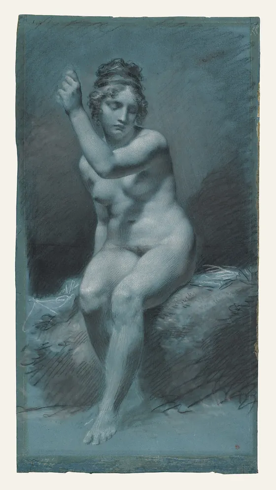 Pierre-Paul Prud'hon's academic study of a seated figure, drawn in black and white chalk on blue-grey paper, where the paper itself supplies the middle values and white chalk creates the lights.