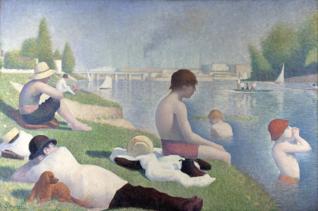 Seurat's Bathers at Asnières: boys sunbathing and wading on a riverbank at Asnières, with a seated boy in red trunks in the centre silhouetted against the pale blue river.