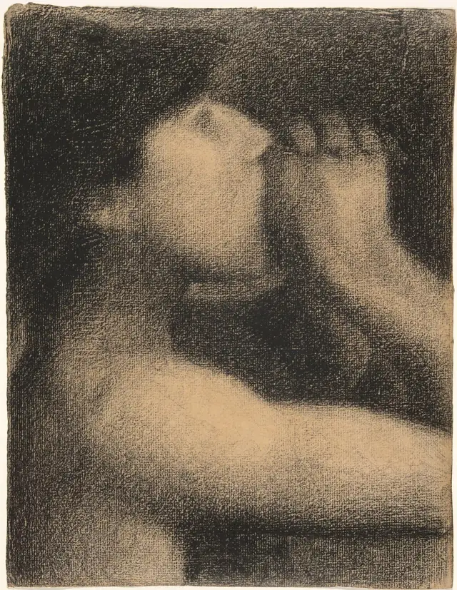 Seurat's conté crayon drawing L'Écho: a boy with his hands cupped to his mouth, drawn in dense black crayon with no outlines, the pale figure emerging from a dark ground with a soft halo around every edge.