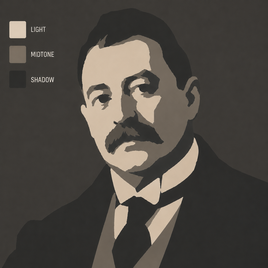 The same portrait reduced to three flat values, labelled light, midtone and shadow, so the face reads as clean shapes with no blending.