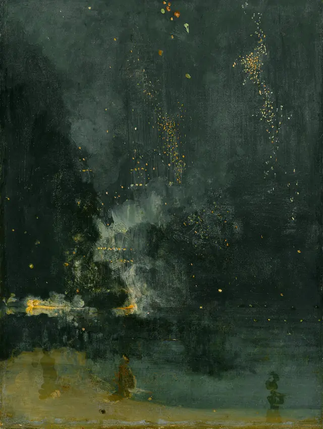 Whistler's Nocturne in Black and Gold: The Falling Rocket, a night scene of Cremorne Gardens in near-uniform dark green and black, with small sparks of gold from a firework and a faint pale glow near the water.